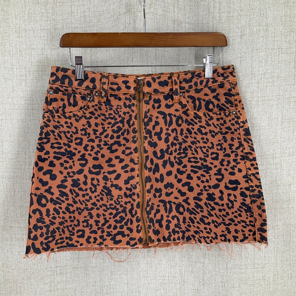 Free People We The Free Mini Skirt Womens 28 Orange Cotton Leopard Denim Zip Raw